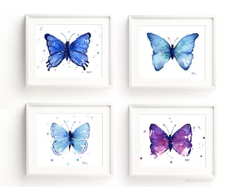 Butterfly Print Set, Butterflies Print, Butterfly Gift, Blue Butterfly, Nursery Butterfly, Butterfly Wall Art, Home Decor, Set of 4 Print