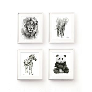 Safari Animals, Nursery Wall Art, Nursery Animal Art Prints, Black and White Nursery, Lion Print, Zebra Print, Panda Print, Elephant Print