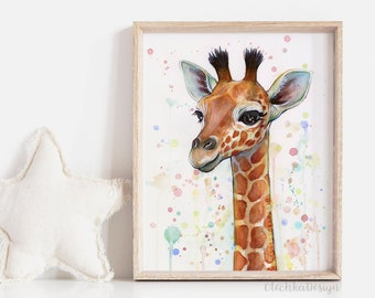 Nursery Art Decor, Giraffe Art, Giraffe Print, Baby Giraffe Watercolor, Baby Animal, Baby Girl Baby Boy Children Colorful Zoo Animal