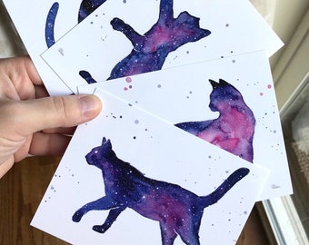 Cat Postcards, Galaxy Forest Art, Postcard Set, Galaxy Cards, Cat Cards, Cat Lover Gift, Space Cats, Watercolor Postcards, Set of 4 Cards
