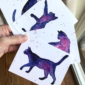 Cat Postcards, Galaxy Forest Art, Postcard Set, Galaxy Cards, Cat Cards, Cat Lover Gift, Space Cats, Watercolor Postcards, Set of 4 Cards