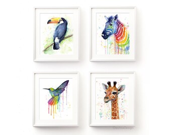 Nursery Wall Art, Rainbow Nursery, Colorful Prints, Animal Watercolor Painting, Baby Giraffe Print, Hummingbird Print, Zebra Print, Toucan