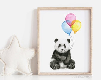 Bébé Panda Ballons Aquarelle Animaux avec Ballons Panda Art Print Panda Nursery Wall Art Panda Decor Baby Animals Jungle Safari Art Print