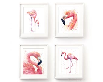 Flamingo Prints, Pink Flamingo Watercolor Wall Art, Flamingo Home Decor, Pink Flamingo Painting, Flamingo Illustration Art, Set of 4 Prints