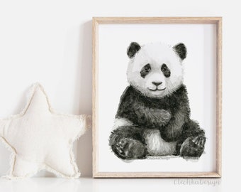 Baby Panda Art Print, Watercolor Nursery Decor, Black and White Animal