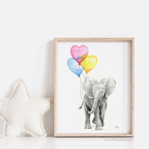 Watercolor Elephant Nursery Decor Baby Elephant With Balloon Nursery Print