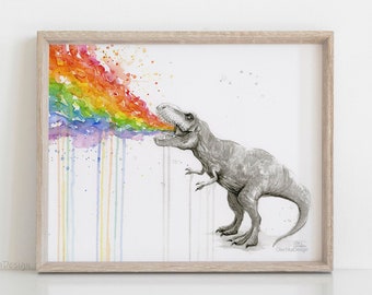 T-Rex Rainbow Puke Art Print T-Rex Vomit Funny Colorful Whimsical Animal Print, Dinosaur Art, Taste the Rainbow Giclee Wall Decor