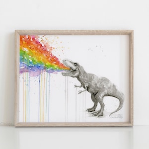 May include: A watercolor painting of a gray dinosaur breathing out a rainbow. The dinosaur is facing left and has a long tail. The rainbow is made up of red, orange, yellow, green, blue, indigo, and violet. The painting is framed in a light wood frame.