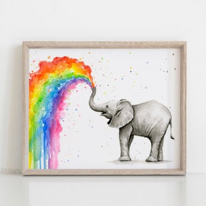 Elephant Nursery, Elephant Art, Baby Elephant Spraying Rainbow, Watercolor Painting Art Print, Cute Baby Animals Art, Nursery Decor image 1