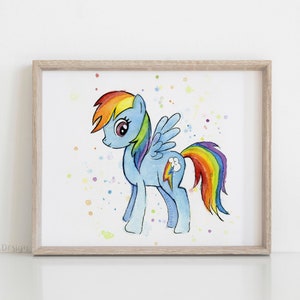 May include: A watercolor painting of a blue and rainbow pony with a rainbow tail and a white cloud with a lightning bolt on its flank. The pony is standing on a white background with colorful watercolor splatters.
