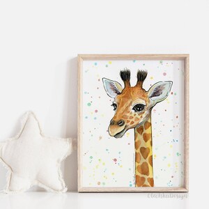 May include: A watercolor painting of a giraffe with a light brown and orange spotted pattern. The giraffe has a light blue background with colorful dots. The painting is framed in a light wood frame.