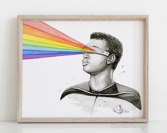 Geordi Seeing Rainbow, Geordi Portrait, Waterolor Painting, Giclee Print, Seeing Rainbow, Sci Fi Illustration