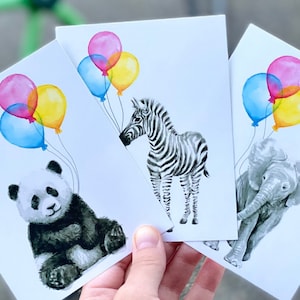 Tier Postkarten, Baby Tier Karten, Tiere mit Luftballons, Postkarten Set, Aquarell Postkarten Panda, Zebra, Elefant, Geburtstag Postkarten