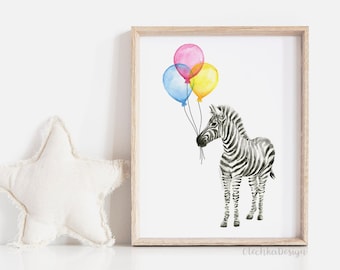 Zebra Art Print, Zebra Nursery Print, Animal Balloons, Zebra Watercolor Baby Animal Whimsical Animal Print, Zebra Painting, Safari Art