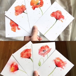 Conjunto de cartões postais, cartões postais, cartões postais de papoula, cartões postais em aquarela, cartões postais florais, cartões de papoula, arte em aquarela, arte de papoula, presentes de papoula, 8 peças