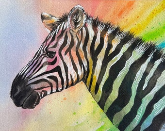 Rainbow Zebra Watercolor Painting, Original Animal Portrait Art