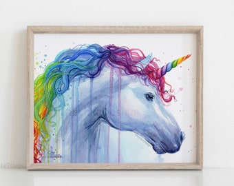 Rainbow Unicorn, Unicorn Wall Art, Unicorn Art Print, Unicorn Watercolor, Unicorn Print, Unicorn Art Rainbow Watercolor, Rainbow Nursery Art