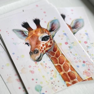 Postales para niños, Postales de animales bebés, Postales de jirafas, Tarjetas de jirafas, Postales de acuarela, Tarjetas de animales, Animales de acuarela,