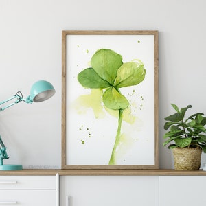 Four Leaf Clover Watercolor Art Print, Lucky Shamrock
