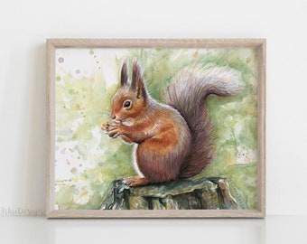 リスの水彩画、森の保育園のアート - Etsy 日本