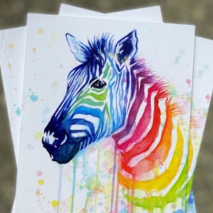 Carte zèbre arc-en-ciel, cartes postales zèbre, cartes zèbre, aquarelle colorée, carte postale unique zèbre arc-en-ciel, art animalier