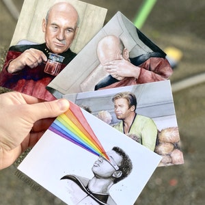 Postales divertidas de ciencia ficción, conjunto de postales, postales geek, tarjetas de arte de acuarela, postales de fan art, tarjetas divertidas