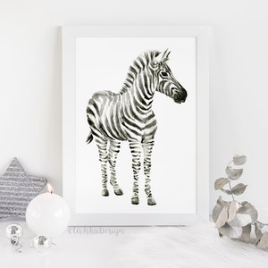 May include: Black and white watercolor illustration of a zebra standing on a white background. The zebra is facing to the right and has a striped pattern.