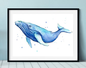 Illustrazione di balena megattera, stampa ad acquerello di balena, arte della balena, dipinto di balena, balenottera azzurra, creature marine, stampa artistica per la cameretta, stampa di balena
