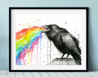 Raven Tastes the Rainbow Watercolor Art Print, Black Bird Painting, Animal Decor, Raven Art, Funny, Whimsical Bird, Whimsical Animal