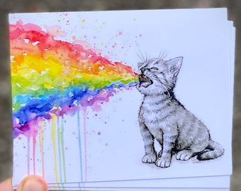 Rainbow Cat Postcards, Funny Watercolor Kitten Cards, Set of 4
