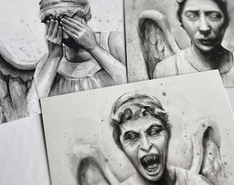 Weeping Angels Watercolor Art Postcards, Dr Who Fan Gift