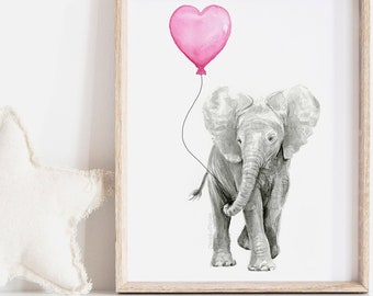 Elephant Art Print, Elephant Watercolor, Watercolor Animal Print, Nursery Animal Art, Baby Elephant Prints, Animal Painting, Animal Balloons