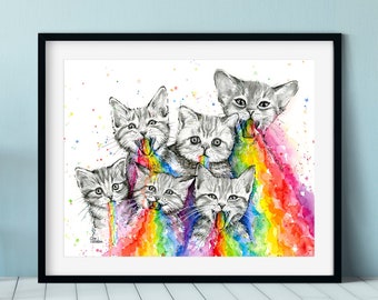 Art mural de chat, chatons vomissant, croqueries arc-en-ciel, impressions d’art animal fantaisistes amusantes, aquarelle arc-en-ciel, animaux colorés, chats