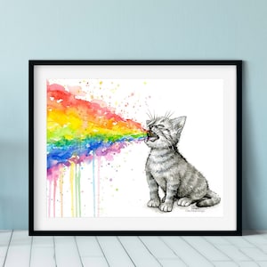 Kätzchen kotzender Regenbogen, lustige Katzenkunst, Katzen Aquarell, Regenbogen Katze, Regenbogen Kätzchen, Regenbogen Erbrochenes, Katze Illustration, Giclée-Druck