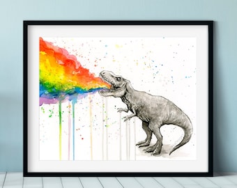 T-Rex Dinosaur Rainbow Puke Art Print, T-Rex Vomit, Funny Colorful Whimsical Animal Print, Dinosaur Art, Taste the Rainbow Giclee Wall Decor