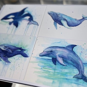 Postkarten Set, Wasserfarben Karten, Delfin Karten, Wale Karte, Buckel Art, Orca Postkarten, Tier Postkarten, Wale, 4er Set