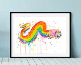 Rainbow Cat Meme Watercolor Art Print