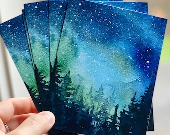 Christmas Postcards, Christmas Cards, Galaxy Postcards, Postcard Set, Forest Winter Postcards, Northern Lights Cards, Set of 5