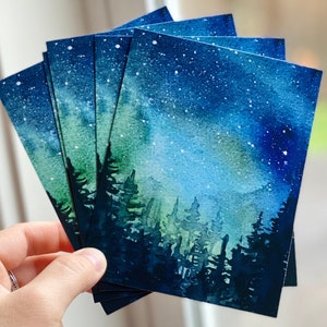 Postales de Navidad, Tarjetas de Navidad, Postales Galaxy, Conjunto de Postales, Postales de Invierno del Bosque, Tarjetas de Auroras Boreales, Conjunto de 5