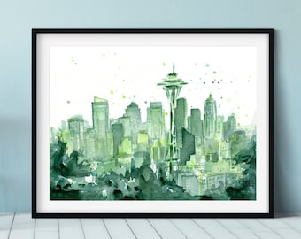 Seattle Art, Seattle Watercolor Painting, Seattle Art Print, Green Space Needle, PNW Cityscape, 12th Man Art, Seattle Skyline Watercolor