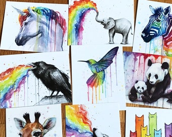 Postcard Set, Postcards, Watercolor Animals Rainbow Postcards, Whimsical Animals, Watercolor Art, Rainbow Animal, Colorful Animals, Set of 9