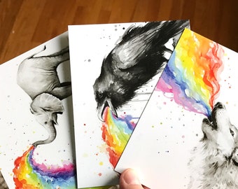 Postkarte Set, Postkarten, Tiere Regenbogen Postkarten, Tier Postkarte Set, wunderliche Tiere, Regenbogen-Karten, Aquarell Postkarten, Set von 6