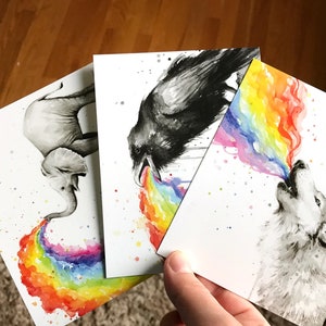 Juego de postales, Postales, Postales arco iris de animales, Juego de postales de animales, Animales caprichosos, Tarjetas arco iris, Postales de acuarela, Conjunto de 6