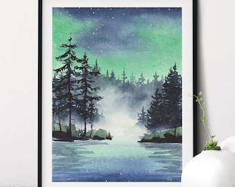 Northern Lights Watercolor Print, Aurora Borealis Landscape