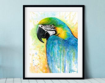 Macaw Painting, Macaw Art, Macaw Print, Parrot Art, Macaw Watercolor, Exotic Bird Art, Colorful Bird, Macaw Gifts, Blue Yellow Macaw, Giclee