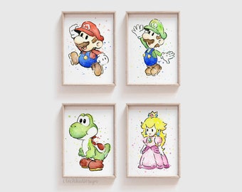 Mario Art, Mario Gift, Game Art, Luigi Art, Yoshi, Watercolor Art Print, Geek Gift, Funny Art, Mario Watercolor, Videogame Art, Set of 4