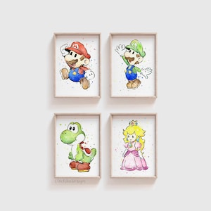 Mario Art, Mario Gift, Game Art, Luigi Art, Yoshi, Watercolor Art Print, Geek Gift, Funny Art, Mario Watercolor, Videogame Art, Set of 4