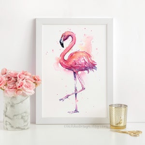 Pink Flamingo Watercolor Painting, Flamingo Art Print, Pink Bird Watercolor Animal Wall Art Home Decor Tropical Pink Flamingo