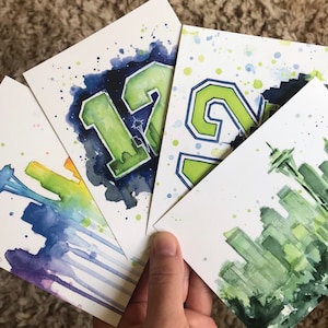 Cartões postais de Seattle, aquarela de Seattle, conjunto de cartões postais, lindos cartões em aquarela, cartões do 12º homem, aquarela Seattle Skyline, conjunto de 4 cartões