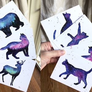 Zestaw pocztówek Galaxy, pocztówki akwarelowe, zestaw pocztówek, sztuka zwierząt, pocztówki z kotami, akwarela niebiańska, prezent zodiakalny, zestaw 7 pocztówek